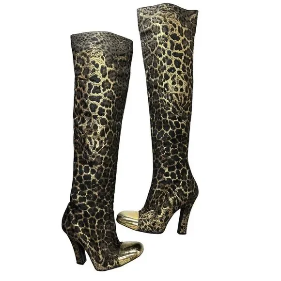 Saint Laurent Gold and Black Over the Knee Boots - Picture 14 of 14